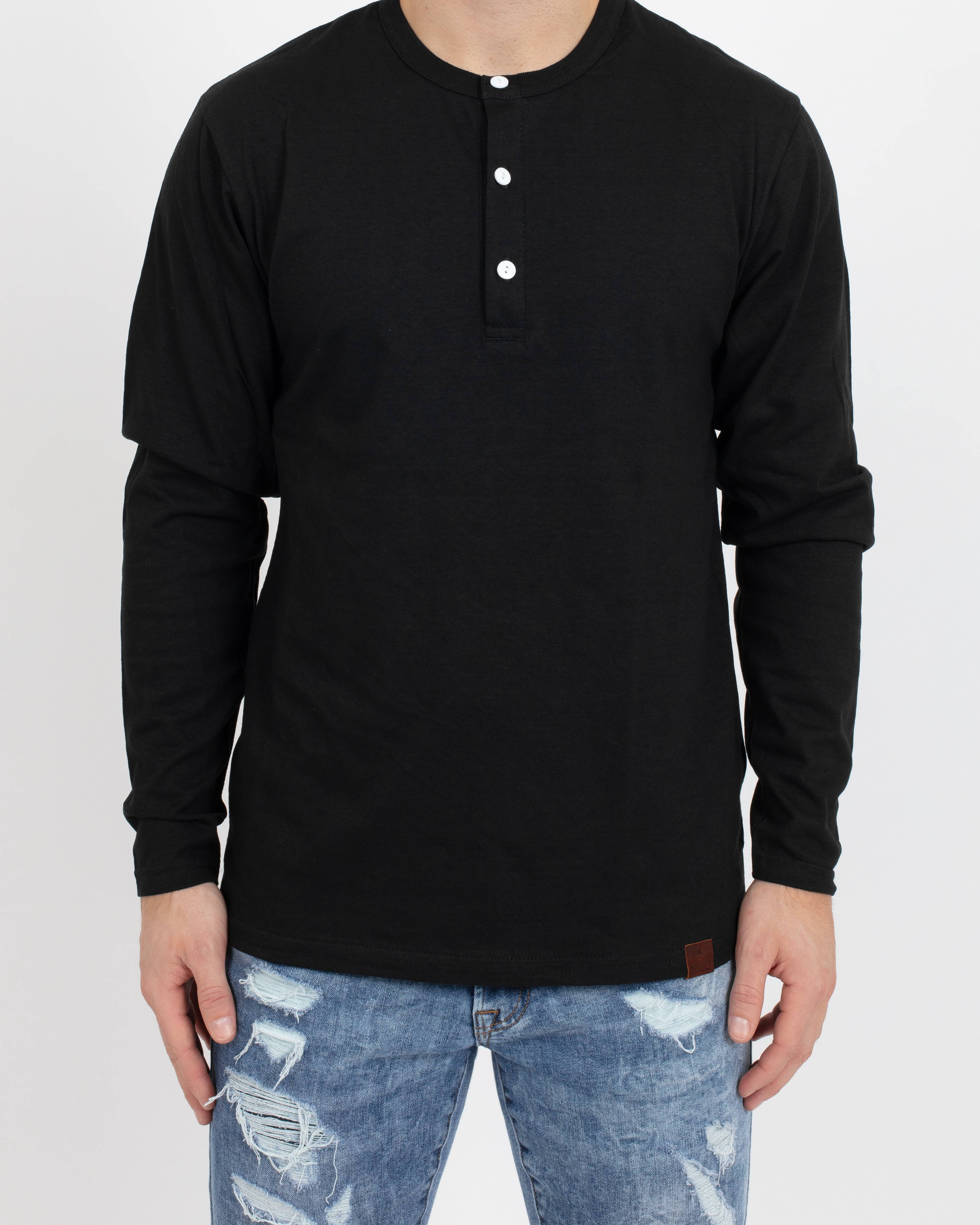 Black Long Sleeve Henley - Tops - Wolfe Co. Apparel and Goods