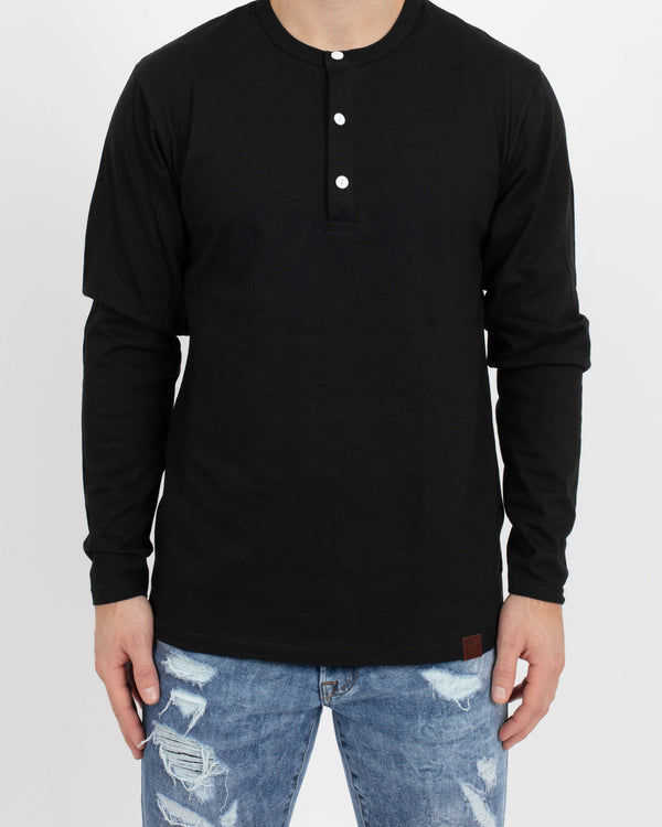 Black Long Sleeve Henley - Tops - Wolfe Co. Apparel and Goods